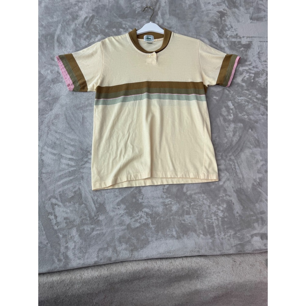Vintage Izod Lacoste Womens Small Striped Henley Knit Shirt Cream Brown 307A
